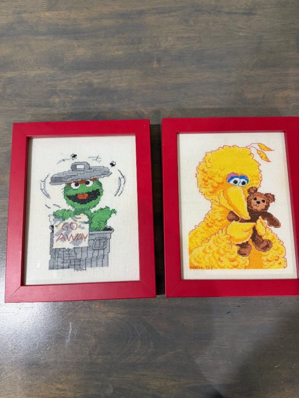 Vintage Sesame Street Big Bird and Oscar the Grouch Framed Cross Stitch Wall Han